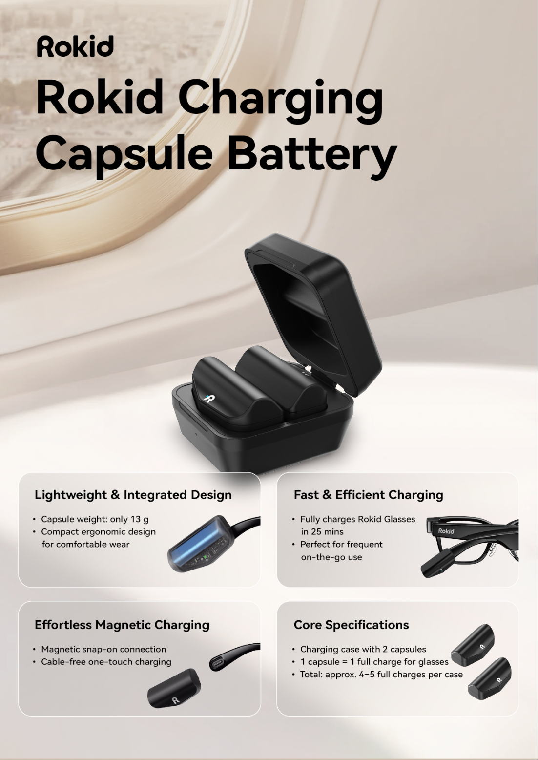 Rokid Glasses Power Capsule with 2 Magnetic Charging Capsules & Case